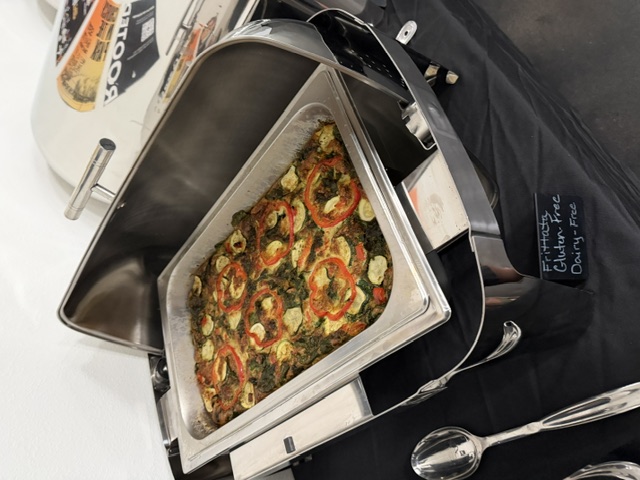 Frittata in a chafing dish labeled gluten-free and dairy-free